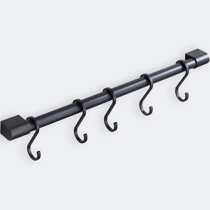 MIAOHUI Kitchen Rail with Hooks, Pan and Pot Hangers for Kitchen Wall Mount, Kitchen Utensil Rack with Removable S Hook, Aluminum (17.3inch_Black_5Hooks) - Image 1